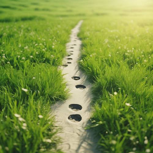 Footprints imprinted on a fresh green field, announcing a spring morning arrival in a simplistic manner. Wallpaper [d2440cdf43ca4d9a8842]