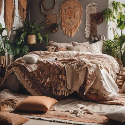 Representación abstracta de un dormitorio de temática boho lleno de lujosos textiles estampados y plantas de interior.