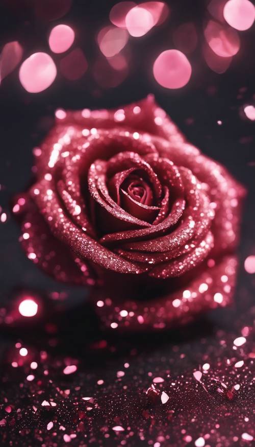 Rose-colored glitter gleaming in an dark room.