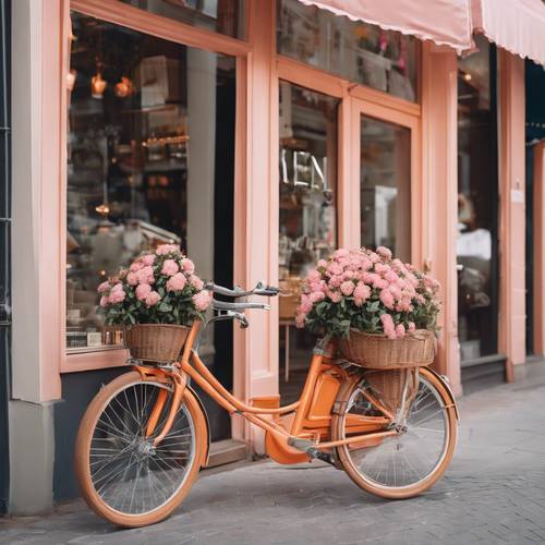 Un vélo orange décoré de fleurs roses dans un panier, garé devant une devanture preppy.