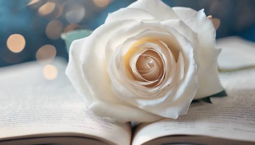 Rosa branca suave com bordas azuis suaves, em cima de um livro aberto