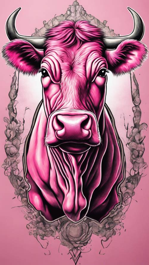 Schizzo del tatuaggio di una mucca rosa coraggiosamente forte che simboleggia la forza femminile.