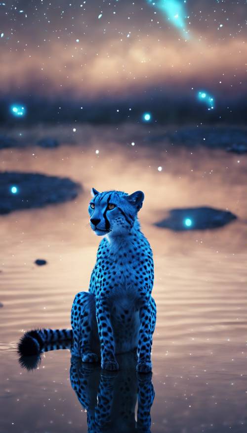 Sebuah karya seni fantasi seekor cheetah biru yang duduk di samping danau bercahaya di bawah langit yang dipenuhi konstelasi.