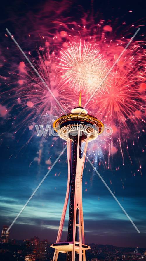 Seattle Tower with Fireworks Display