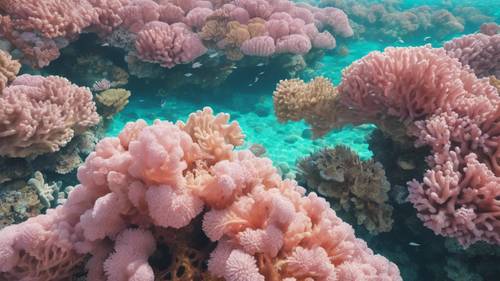 Pemandangan dari atas terumbu karang berwarna merah muda terang yang dikelilingi oleh laut aqua yang jernih.