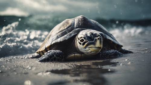 Una tartaruga marina colpita che affronta una violenta tempesta.