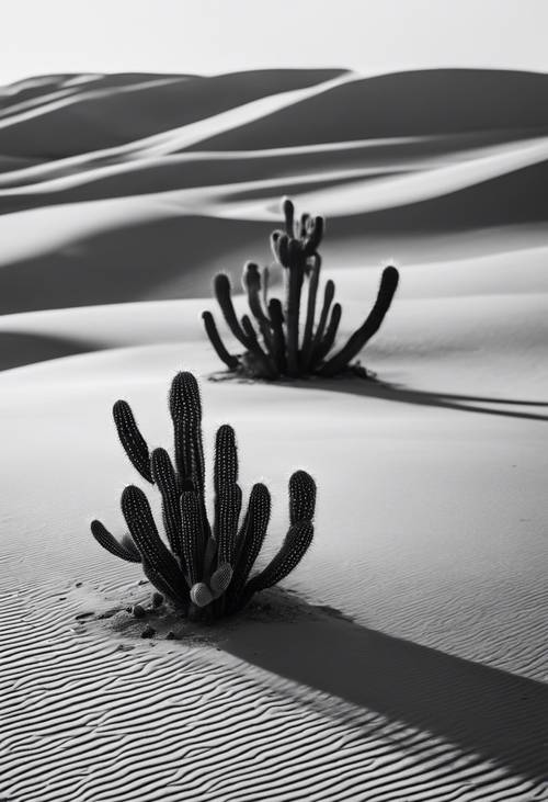 Fotografia minimalista em preto e branco da sombra dos cactos, estendendo-se por um terreno arenoso.