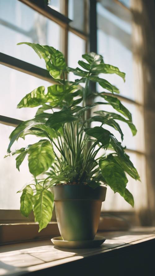 Świeża zielona roślina doniczkowa wygrzewająca się w porannym słońcu przez szklane okno.