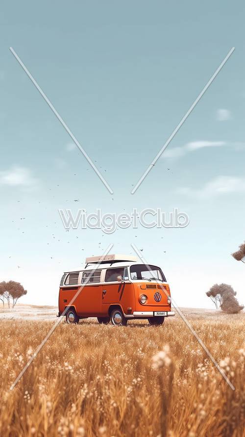 Оранжевый винтажный фургон под голубым небом с летающими птицами