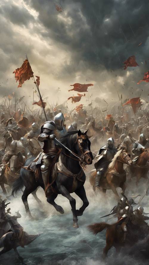 策略遊戲中的戰鬥場景，中世紀騎士騎在馬背上，在暴風雨的天空下衝向一群神話生物。