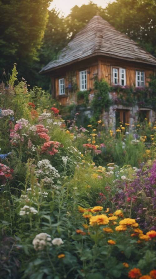 Un giardino incolto pieno di una varietà di fiori ed erbe colorate, una pittoresca casetta di legno sullo sfondo.