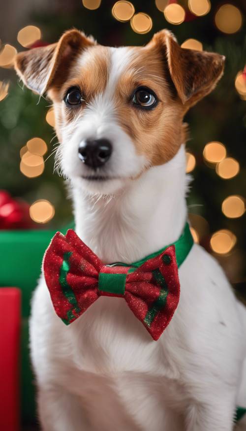 Um Jack Russell Terrier usando uma gravata borboleta com tema natalino em uma casa decorada com estilo moderno.