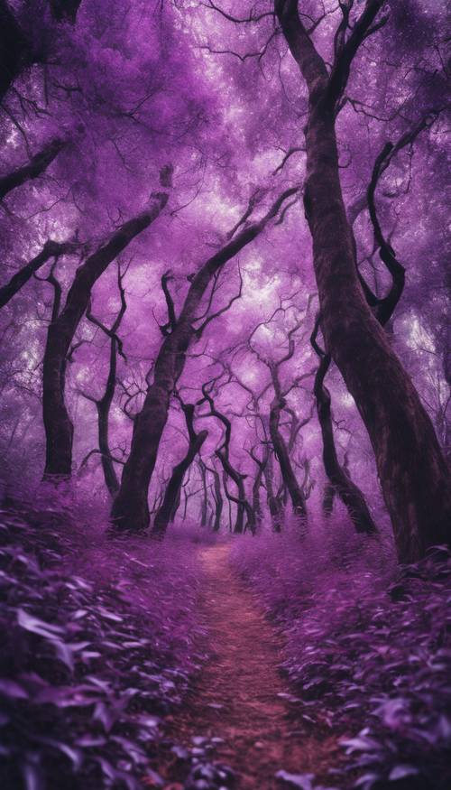这是一幅超现实主义的画作，画中树林里长满了长满奇异紫色叶子的树木。