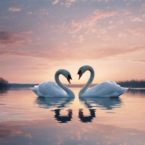 A pair of swans forming a heart shape with their necks on a serene lake reflecting the pastel colors of the dawn.