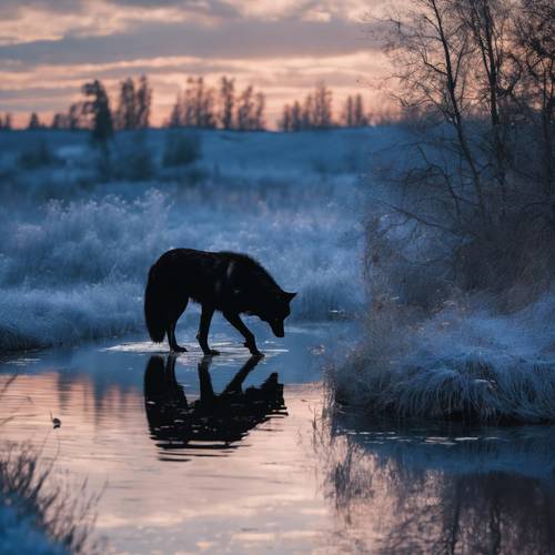 An intriguing black wolf under an ink-blue twilight sky, gently sipping water from a creek.