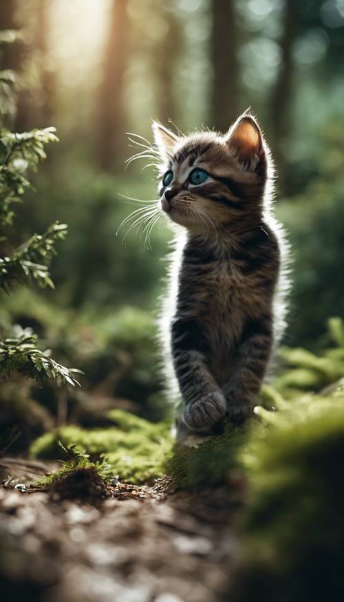 A dark green kitten curiously exploring a forest