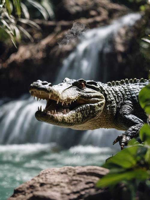 A daredevil crocodile sliding off a rocky creek into cascading waters.