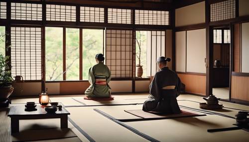 Una cerimonia del tè giapponese del vecchio mondo che si svolge in una bellissima casa da tè.