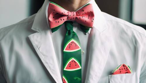 A watermelon patterned preppy bow tie on a crisp white shirt".