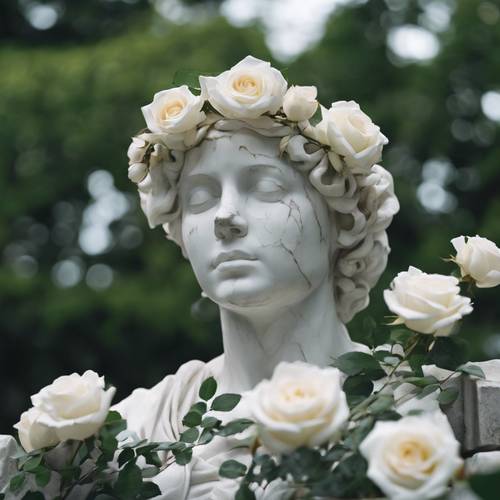 Maestose rose bianche che incoronano una statua di marmo abbandonata in un parco cittadino incolto.