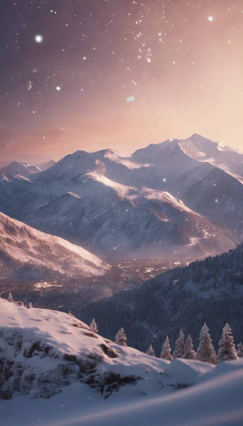 An Aries constellation hovering above a scenic snowy mountain range at dusk.