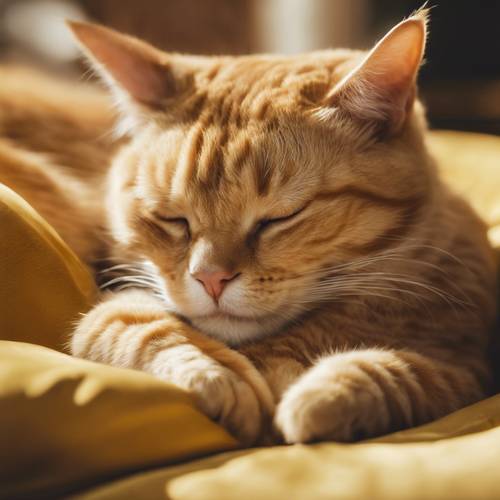 Görkemli bir altın yastığın üzerinde tembelce uyuyan sarı bir tekir kedi.