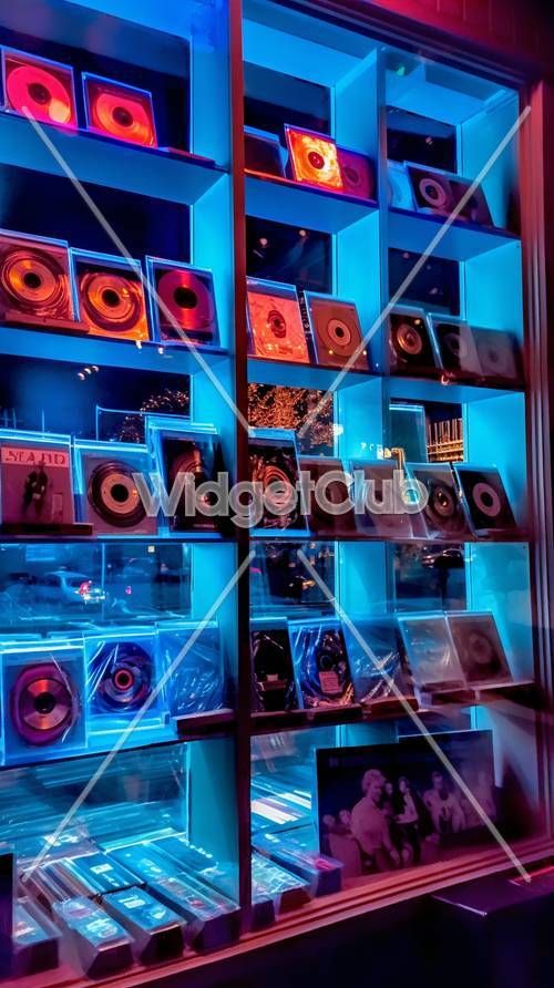 明るい青色の棚にレコードやCDがディスプレイされた壁紙