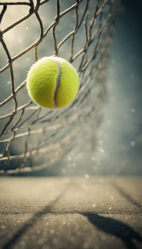 Un diseño minimalista de una pelota de tenis en el aire a punto de golpear la red.