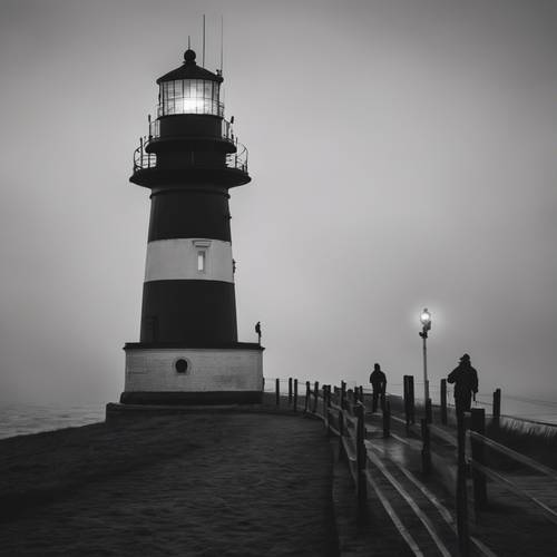 A black and white lighthouse at dusk, guiding sailors through thick fog.
