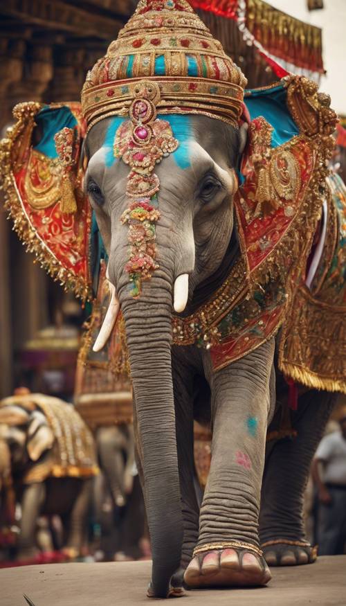 Bức tranh vẽ một con voi Ấn Độ được trang trí với chiếc vòng cổ đầy màu sắc, gợi nhớ về thời kỳ hoàng gia.