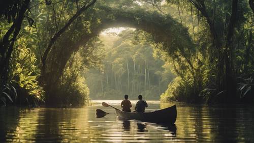 A couple on a quiet canoe trip under a tunnel of trees in the Amazon. Taustakuva [24540edb9fae456195f7]