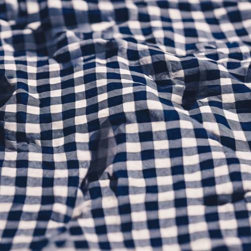 Dark blue checkered pattern on an English picnic blanket under the summer sun.