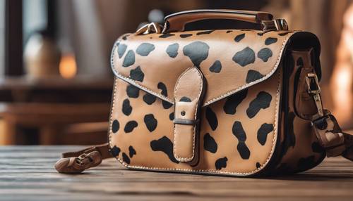 Cute, fashionable cow print handbag on a wooden table.