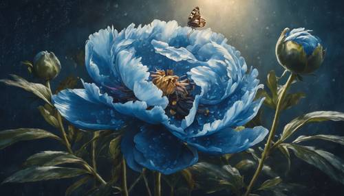 Картина маслом: голубой пион в лунном свете, вокруг которого порхают мотыльки.