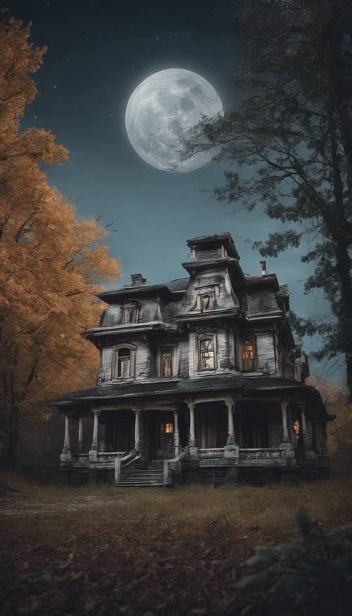 A haunted house in a forest under a full moon