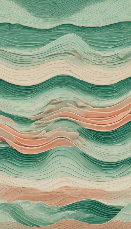 Un motif fascinant de vagues entrelacées dans une palette douce mêlant vert écume de mer, corail et crème.