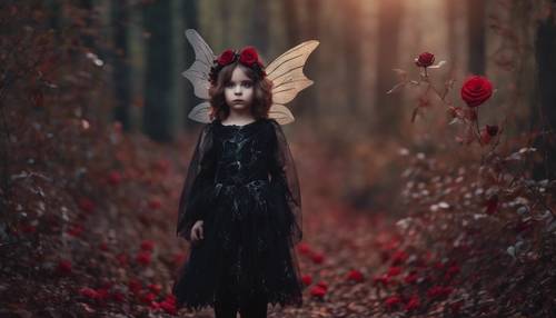 A cute child dressed as a gothic fairy, with dark wings and crimson roses tucked behind her ear, standing in a moonlit forest.