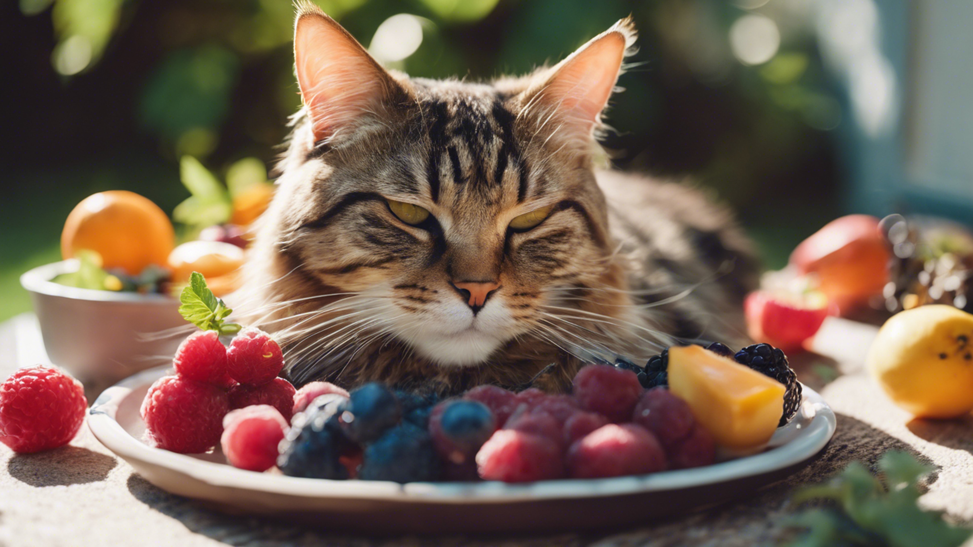 A sleepy Maine Coon cat relaxing next to a bowl of vibrant summer fruits. Kertas dinding[5a3905f0581c45108121]