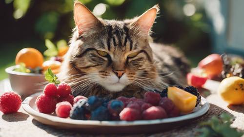 졸린 메인쿤 고양이가 생기 넘치는 여름 과일 그릇 옆에서 휴식을 취하고 있습니다.
