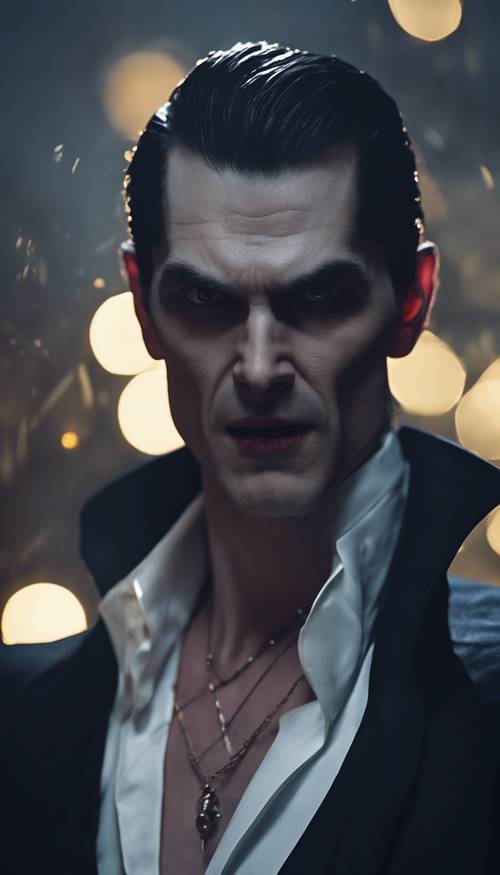 Угрожающий вампир с зачесанными назад волосами, обнажающий острые клыки в бледном лунном свете.