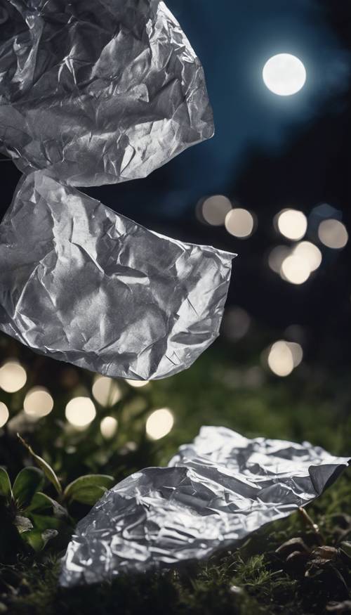 A beautifully detailed crumpled silver foil paper glowing under moonlight in a peaceful garden.
