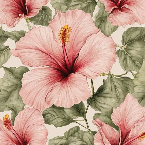 Une illustration botanique extrêmement détaillée d’une plante d’hibiscus, ses vrilles s’enroulant avec charme sur un fond parchemin.