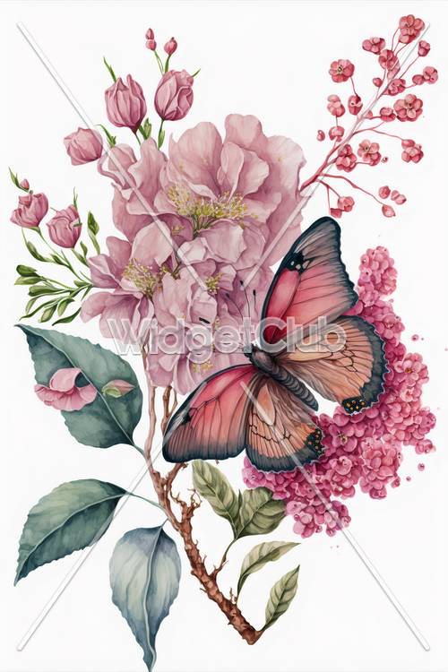 Różowe kwiaty i wzór motyla