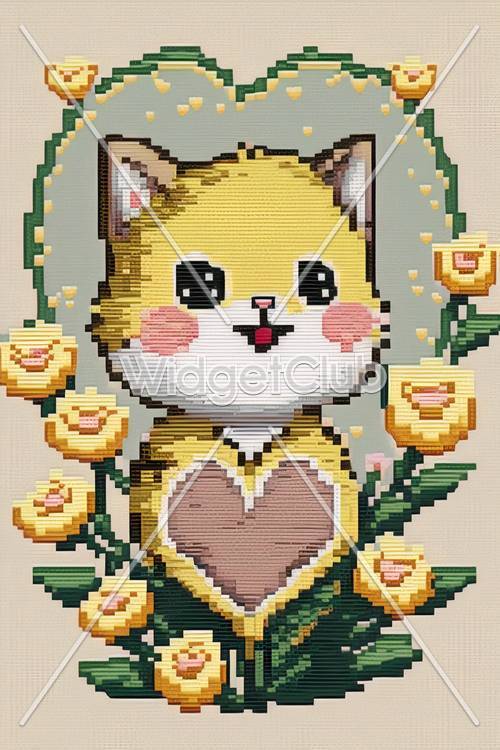 かわいいピクセル猫がハートとバラと一緒に描かれた壁紙