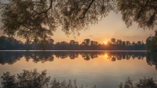 Un bord de lac calme au coucher du soleil, la phrase « Il n&#39;y a pas de plus grande richesse dans ce monde que la paix de l&#39;esprit » se reflète sur l&#39;eau.