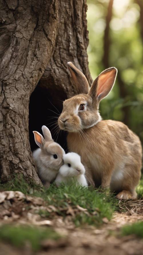 أرنب أم فخورة ترعى أرانبها حديثة الولادة تحت مأوى شجرة بلوط كبيرة.