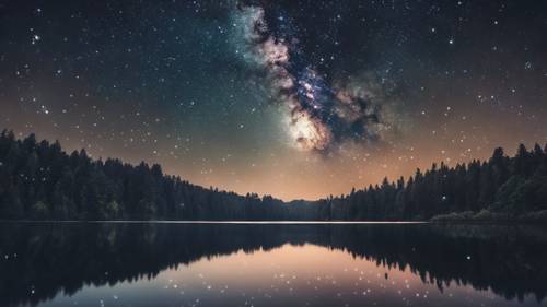 A night sky decorated with billions of stars over a serene lake