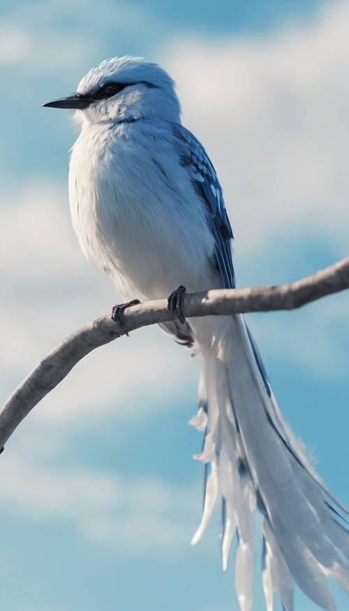 A blue and white bird with a long, shimmering tail flying against a clear blue sky.