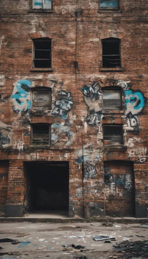 A vintage brick warehouse with shattered windows and graffiti art on it.