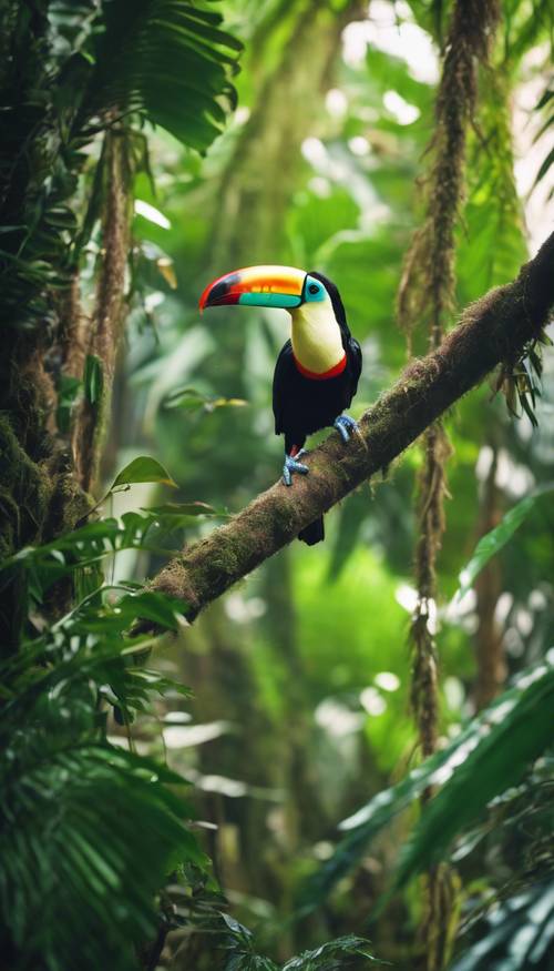 Un tucán solitario posado en una rama alta en la densa selva tropical, su pico vibrante contrasta con las hojas verdes que lo rodean.